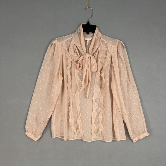 Rebecca Taylor Blouse Womens 2 Pink Tie Neck Ruffle Sheer Metallic Clip Dot Fem - Picture 1 of 15